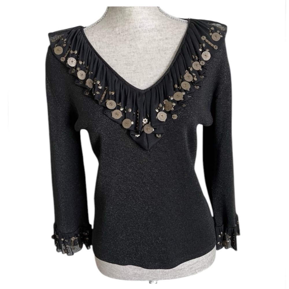 Joseph A Vintage Silk Metallic Top V Neck Ruffle Trim Embellished Medium